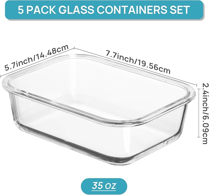 Vtopmart 5 Pack 35oz Glass Food Storage Containers with Lids, Multicolour | Meal Prep Containers, Airtight Reusable Lunch Container Set, Safe for Oven, Microwave, Freezer, and Dishwasher, BPA Free - Image 2
