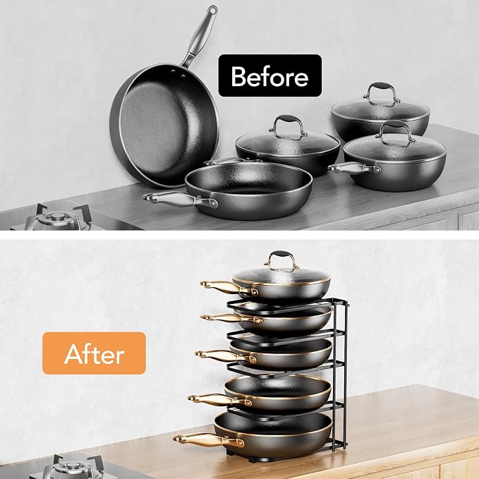 5-Tier Pot and Pan Organizer 13.6", No Assembly Cookware Rack 1-Pack | One-piece Design, Multi-height Layered,Anti-Tip Structure, Dual Vertical & Horizontal Use, Fits Cast Iron Pans & Dutch Ovens - Image 6