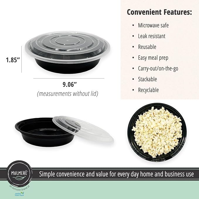 MULMEHË Plastic Food Storage Take-Out Container and Lid Combo, 48 oz, Microwaveable, Round, Black, 9x2.3”, Set of 150 - Image 2