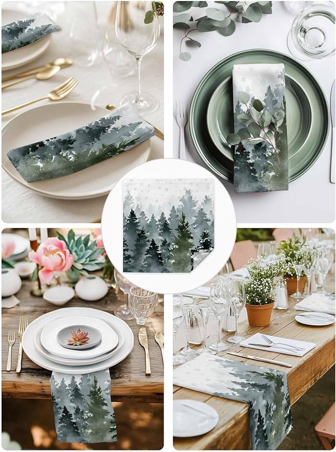 Christmas Cloth Napkins Set of 6, Watercolor Green Xmas Tree Winter Snowflake Dinner Napkins Cloth Washable, Cocktail Napkins Reusable for Wedding, Party, Birthday (20"x20") - Image 9