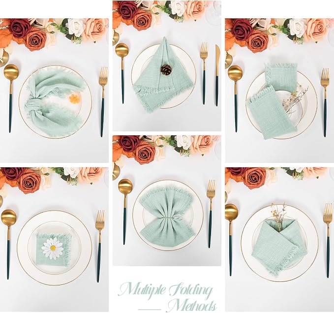 36 Pack Sage Green Cloth Napkins, 16 x 16 Inch Cotton with Fringe Settings | Handmade washable reusable cotton dinner napkins in bulk for weddings, parties, rustic boho table settings - Image 3