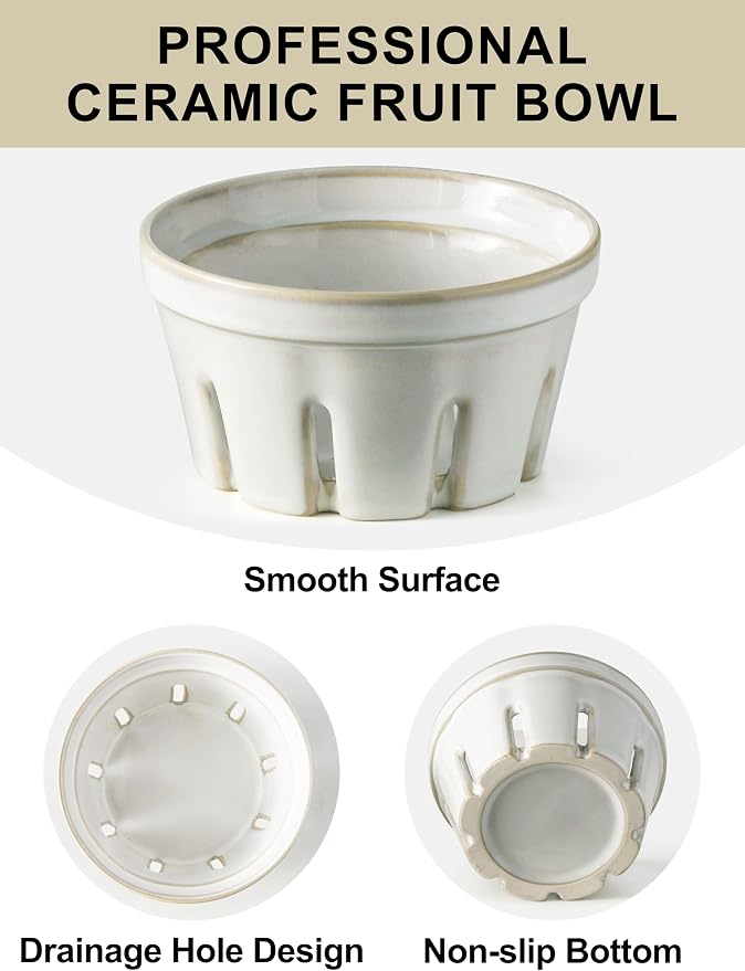 Gomakren Ceramic Berry Basket Set of 2, Fruit Bowl Colanders 5.8 Inch White | Drain Holes Keep Berries Fresh, Stackable Space-Saving, Dishwasher Safe, Versatile Fruit Serving & Farmhouse Kitchen Decor - Image 8