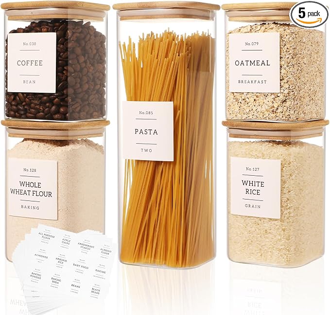 5 Pack Square Glass Pantry Storage Containers with 132 Kitchen Food Pantry Labels - Clear Glass Pantry Jars with Airtight Wood Bamboo Lids - Glass Canisters for Pasta, Cereal, Coffee, Flour, Sugar by CZDYSM
