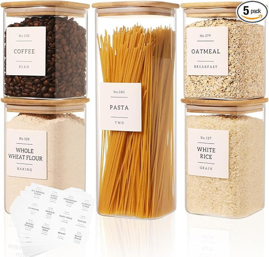 5 Pack Square Glass Pantry Storage Containers with 132 Kitchen Food Pantry Labels - Clear Glass Pantry Jars with Airtight Wood Bamboo Lids - Glass Canisters for Pasta, Cereal, Coffee, Flour, Sugar by CZDYSM