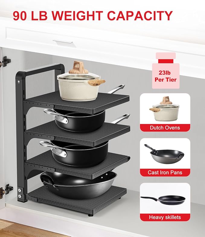 Pots and Pans Organizer under Cabinet, Heavy Duty Pan Organizers for Cabinet & Counter, 4 Tier Adjustable Pan & Pot Rack for Kitchen Cabinet Organizers and Storage - Image 5