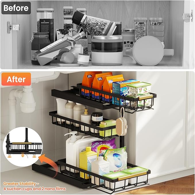 Under Sink Organizer and Storage for Bathroom and Kitchen - 2 Pack 3 Tier | Under Cabinet Pull Out Shelf Organizers - Slide Out Drawer Organization for Home Cabinets Shelves and Drawers - Image 3