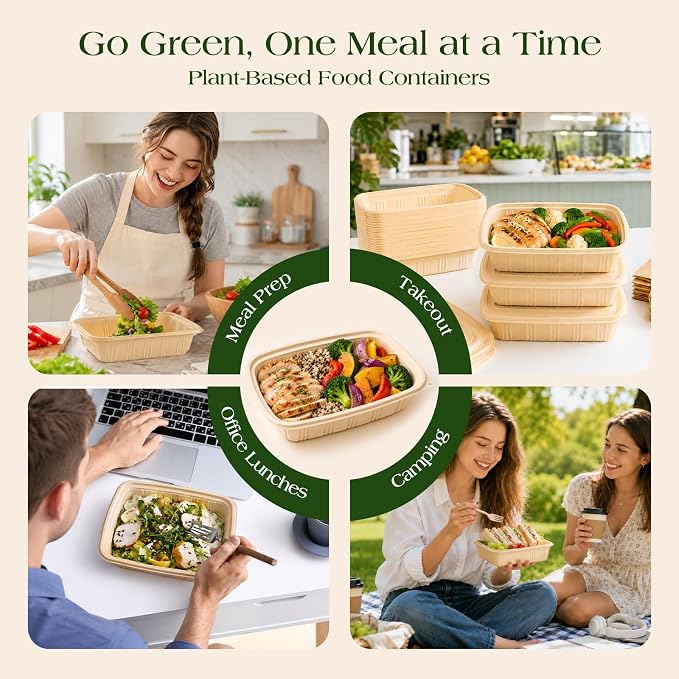 100 Piece (50 Pack) Meal Prep Containers with Lids, 28 oz Cornstarch Food Storage Containers Plant-based Lunch Box for Salad,BPA Free Plastic Take Out Containers Microwave and Freezer Safe - Image 8