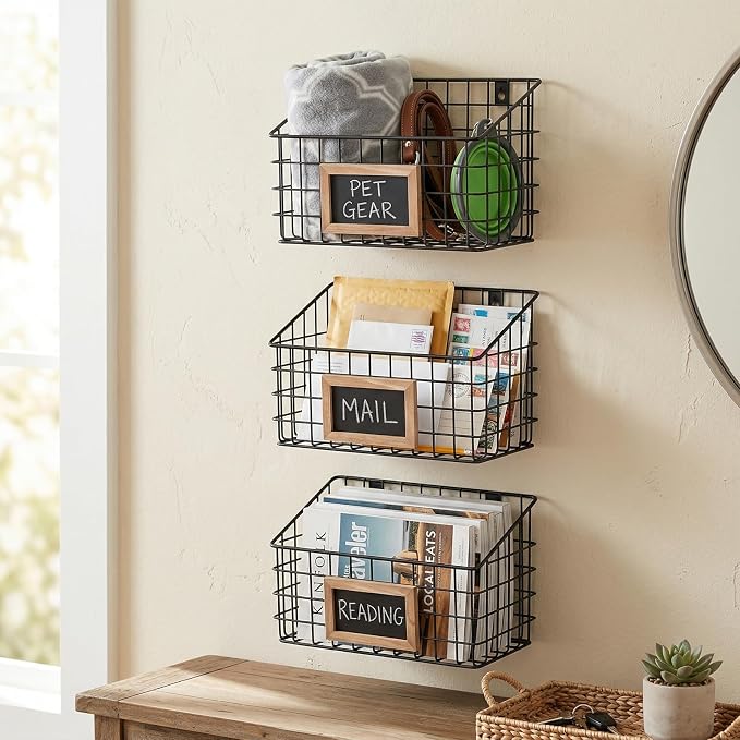 MyGift 10 Inch Wall Mounted Matte Black Metal Wire Storage Baskets with Chalkboard Labels, Small Hanging Organizer Bins for Home Entryway Kitchen Pantry Closet, Set of 3 - Image 2