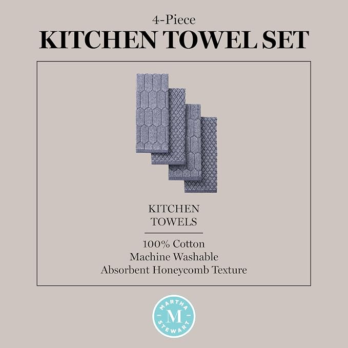 Martha Stewart Honeycomb Chambray Textured Kitchen Towel 4-Pack Set, 100% Cotton with Absorbent Terrycloth, Decorative Kitchen Towels, Navy Blue, 16"x28" - Image 5