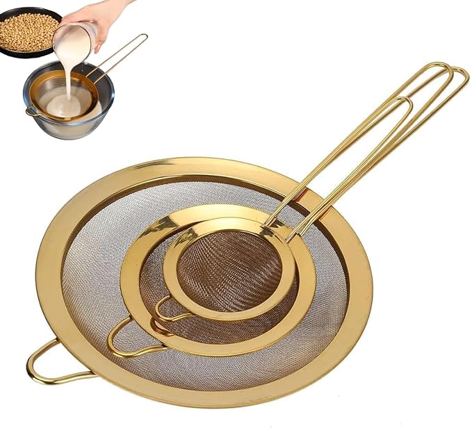Fine Mesh Strainer Set, Gold Strainer for Juicing Stainless Steel Fine Mesh Strainer Set Of 3 with Handle for Kitchen Food Flour Baking by Unknown