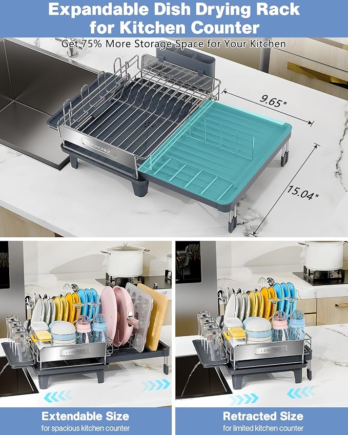 Expandable Dish Drying Rack, Dish Racks for Kitchen Counter, Stainless Steel 304, Flip-Top Retractable Plate, Multi-Directional Adjustable Dish Rack, Space Saving Large Drying Rack Kitchen, Gray - Image 2