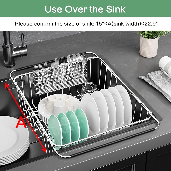 Large Sink Dish Drying Rack, Expandable 304 Stainless Steel Metal Dish Drainer Rack Organizer Shelves with Stainless Steel Utensil Holder Over Inside Sink, Rustproof - Image 3