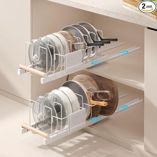 Magheo 2 Pack Pull Out Pots and Pans Organizer Under Cabinet, 22" Deep Expandable Pot Lid Organizer and Storage with 10 Adjustable Dividers Adhesive Pot and Pan Holder Rack with Handle Bracket(White) by MAGHEO