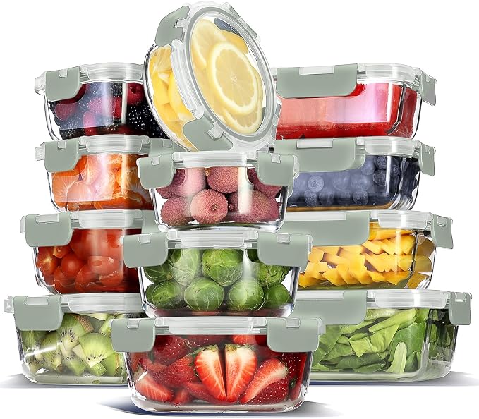 EATEX 24pc Glass Storage Containers with Lids, 12 Glass Food Storage Containers with 12 Airtight Lids for Pantry & Kitchen, Meal Prep Containers for Lunch, Oven Freezer Microwave & Dishwasher Safe by Eatex