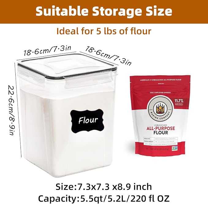 4pc 5.2L Large Airtight Plastic Canisters with Lids, Cups & Labels | 4pk 5.2L airtight containers block moisture. Stackable bins fit rice, flour and all baking pantry supplies - Image 2