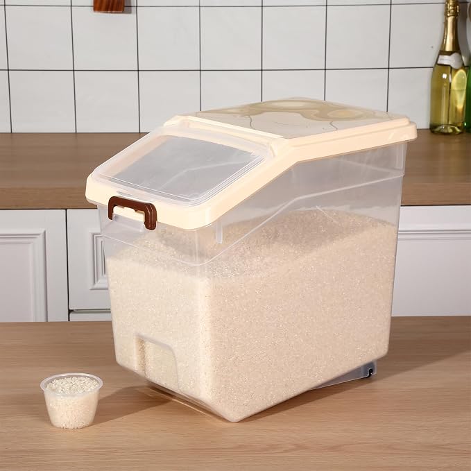 4 Pcs Rice Storage Containers Bulk Flour Sugar Container Wheels Measuring Cups Set Airtight Pet Dog Cat Birds Food Bin Grain Cereal Organizer Box for Dry Baking (Beige,38 lb) - Image 6