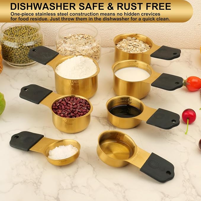 Gold Magnetic Measuring Cups & Spoons Set of 16, 7 Stainless Steel Measuring Cups, 8 Double-Sided Measuring Spoons & 1 Leveler, Premium Finish Baking Tools Kitchen Gadget for Dry & Liquid Ingredients - Image 8