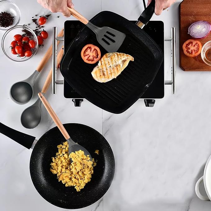 Non-Stick Silicone Cooking Utensils Set, 5 Pcs with Wooden Handle, Heat Resistant Silicone Kitchen Gadgets (Gray) - Image 2