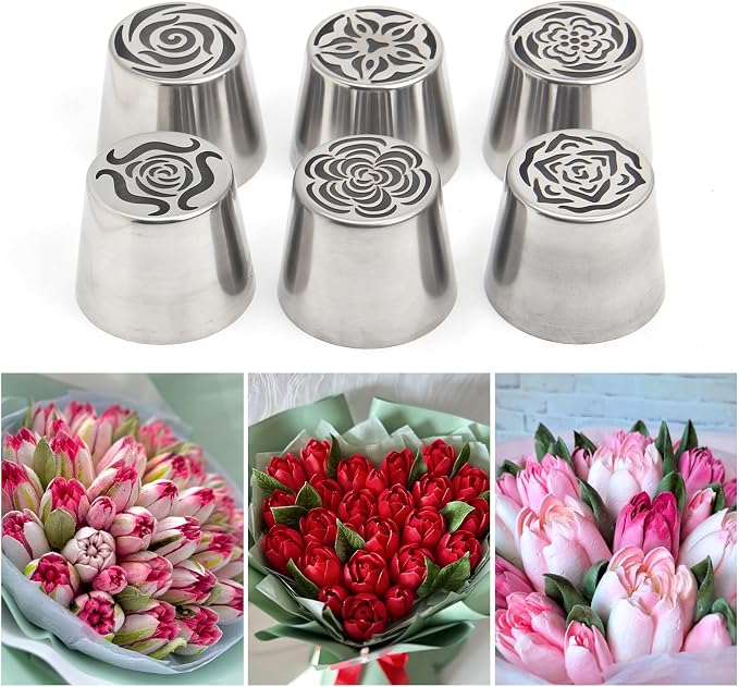 9Pcs Extra Large Russian Piping Tips Set, Stainless Steel Rose Flower Nozzles for Cake Decorating Baking Tools, Includes 6 Extra Large Flower Tips, 2 Leaf Tips, 1 Piping Bag Adapter - Image 2
