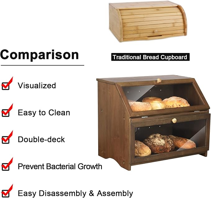 HOMEKOKO Double Layer Bread Box, Wooden Bread Storage Bin, Brown | Keeps Bread Fresh 3-4 Days, Large Capacity Fits 2+ Loaves, Suitable For Home Kitchen Food Storage Use, See-Through Window - Image 3