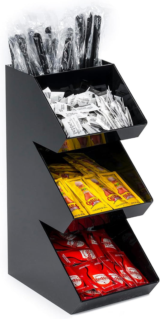 Inevibe Condiment Holder Stand, 3 Tier Coffee Station Organizer | Triple Compartment Black Acrylic Caddy Storage Rack for Condiments, Sauce Packets, & Coffee Display in Bar, Restaurant, Home by IneVibeforEveryday