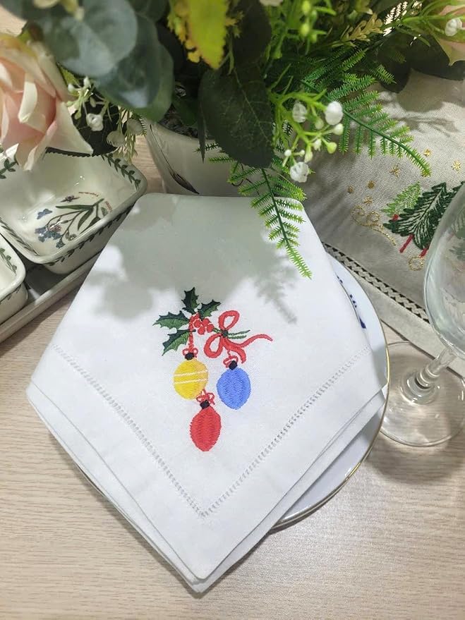 – Embroidered Cloth Napkin Balloons & Holly Christmas Cotton Napkins Set of 6, 20 x 20”, Hemstitch Table Napkins, Machine Washable, Daily & Holidays, Great Gift Ideas - Image 8