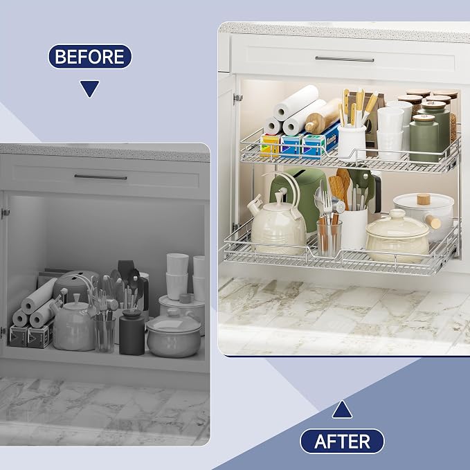 2-Tier Pull Out Cabinet Organizer, 28.5" W x 21.5" D, Heavy Duty Dual Slide Out Shelves for Wide Base Cabinets, Chrome Wire Basket Drawer for Pots, Pans, Pantry & Cleaning Supplies - Image 7
