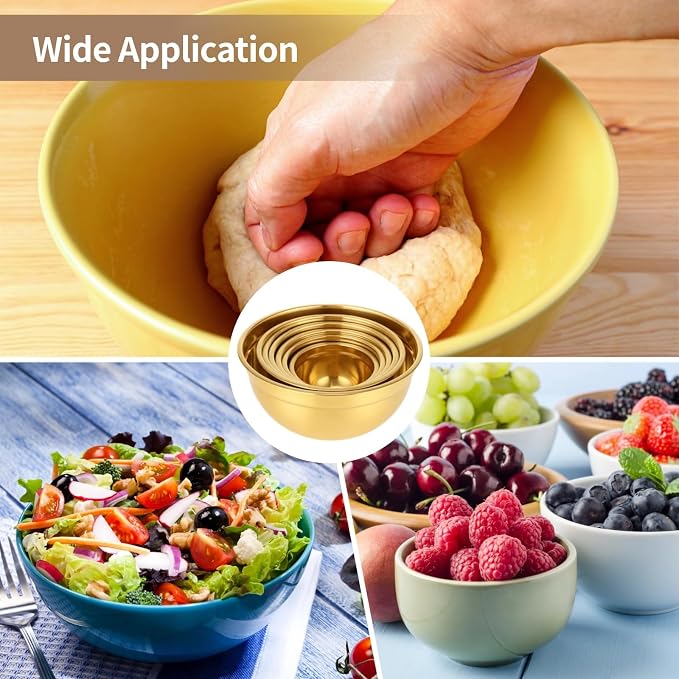 20 PCS Gold Mixing Bowls with Lids Set - 7 Mixing Bowls with 3 Graters, 8 Measuring Spoons, 1 Whisk, and 1 Food Tong, Nesting Bowl Set for Baking, Cooking, Meal Prep - Image 6