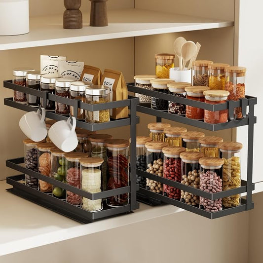 Magheo Pull Out Spice Rack Organizer for Cabinet, 2 Pack Metal Seasoning Organizer Slide Out Spice Storage Shelf No Assembly Vertical Spice Rack Pullout for Kitchen & Bahthroom No Drill(2 Tier,Black) by MAGHEO