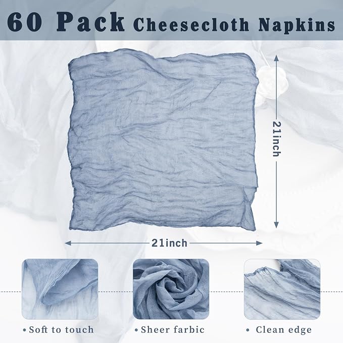 60 Pack Dusty Blue Cheesecloth Napkins Washable 21x21 Inches Dusty Blue Cloth Napkins Set of 60 Bridal Baby Shower Dinner Table Napkins for Wedding Rustic Boho Cotton Gauze Summer Party Table Decor - Image 3