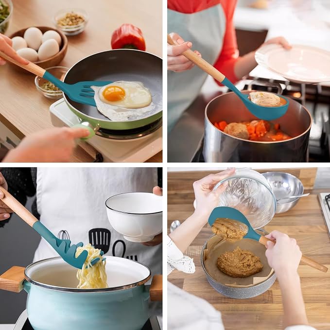 Silicone Cooking Utensils Set 6Pcs Heat Resistant Silicone Kitchen Utensils Set for Cooking Spatula Spoon Turner Ladle w Wooden Handle, BPA FREE Kitchen Gadgets for Nonstick Cookware & Baking - Image 9