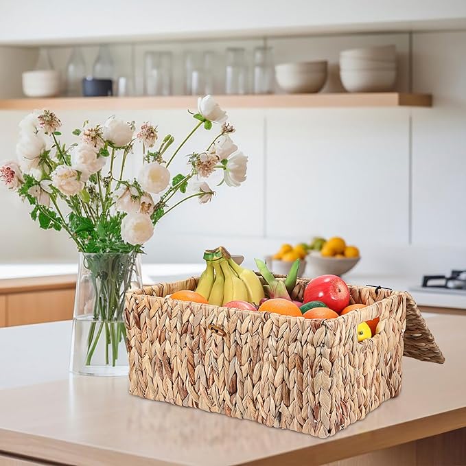 Hipiwe Wicker Storage Basket Bin with Lid, Large Water Hyacinth Baskets Box | Rectangular Decorative Shelf Baskets Bin with Handles Handwoven Household Basket Boxes for Shelf Home Organizing - Image 4
