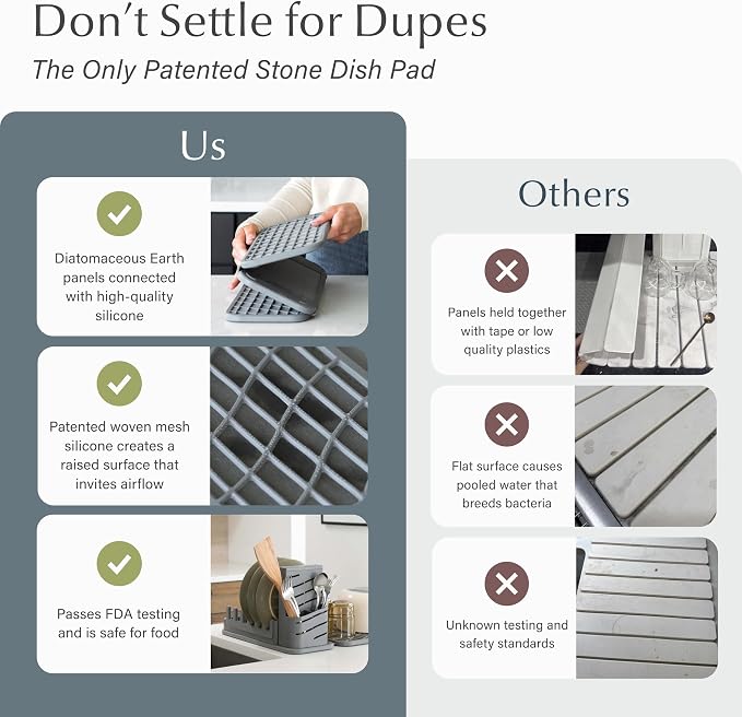 Dorai Home Collapsible Dish Drying Rack with Stone Dish Pad - Kitchen Counter Set with Diatomaceous Earth Stone Dish Mat for Quick Drying - Space-Saving Design - Original 19.9"x15.2", Slate - Image 4