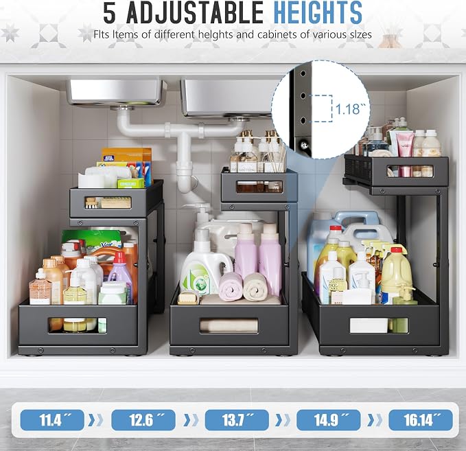 2 Pack 19IN Depth Under Sink Storage Organizer, Large 2-Tier Elegant Mesh Pull Out Shelf for Kitchen and Bathroom Cabinet Organization, L-Shaped and Adjustable Height Design-Black - Image 4
