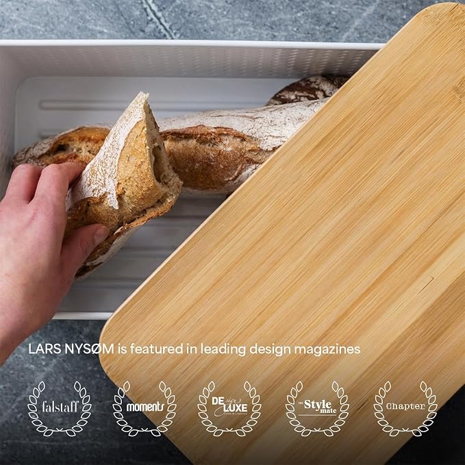 LARS NYSØM Bread Box I Metal bread box for long lasting freshness with non-slip pads I Baked goods Bin with bamboo lid usable as cutting board I 13.6x7.3x6.2in (Cream Beige) - Image 5