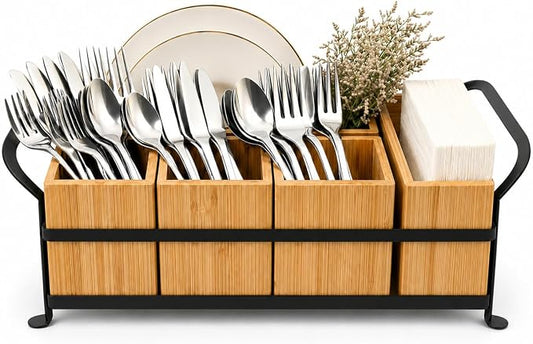 Bamboo Utensil Caddy with Handle - 5 Compartment Silverware Holder for Party & Kitchen Countertop - Removable Wooden Flatware Organizer for Picnic, BBQ, Buffet, RV & Outdoor Dining by Unknown