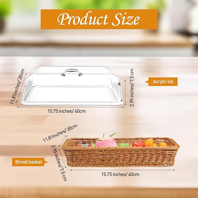 Mumufy 2 Pack Wicker Large Bread Basket with Acrylic Lid Housewarming Gift Woven Rectangular Imitation Rattan Fruit Basket with Cover for Serving Food Display Tabletop Home Kitchen(15.75x11.81'') - Image 2