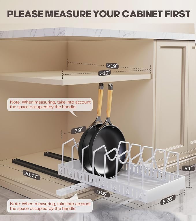 Lozovin Pull Out Pots and Pans Organizer Under Cabinet, Sliding Lid Holder and Pan Rack in Kitchen, Slide Out inside Cabinet Storage for Pot Lid, Bakeware, Dishes, 8 Adjustable Dividers, 1 Pack White - Image 2