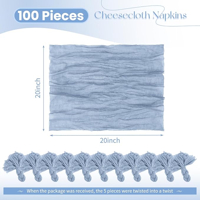 100 Pack Dusty Blue Cloth Napkins 20x20Inch Cheesecloth Napkins | Elegant Cloth Napkins for Table, Washable Rustic Boho Gauze Napkins, for Wedding Party Bridal Baby Shower Dinner Table Decor - Image 2
