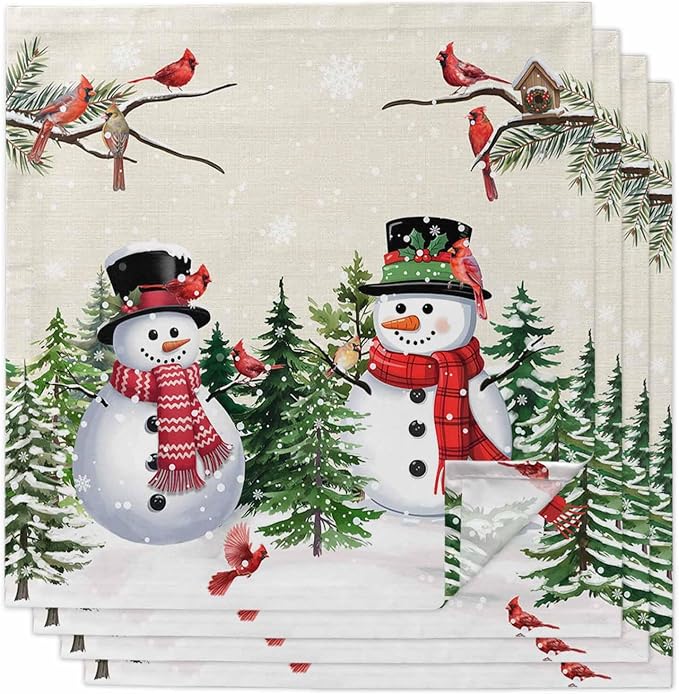 Beige Snowman Christmas Cloth Napkins, Washable and Reusable Dinner Napkins Set of 4, Xmas Tree Snowflake Winter Birds Table Napkin for Kitchen Party Birthday Wedding Hotel Housewarming 20''x20'' by Unknown