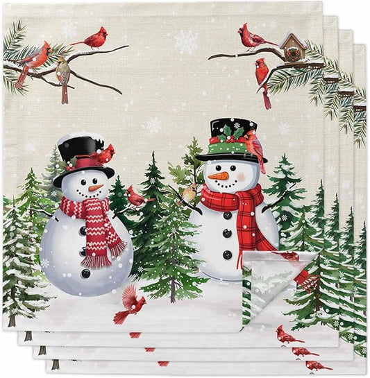 Beige Snowman Christmas Cloth Napkins, Washable and Reusable Dinner Napkins Set of 4, Xmas Tree Snowflake Winter Birds Table Napkin for Kitchen Party Birthday Wedding Hotel Housewarming 20''x20'' by Unknown