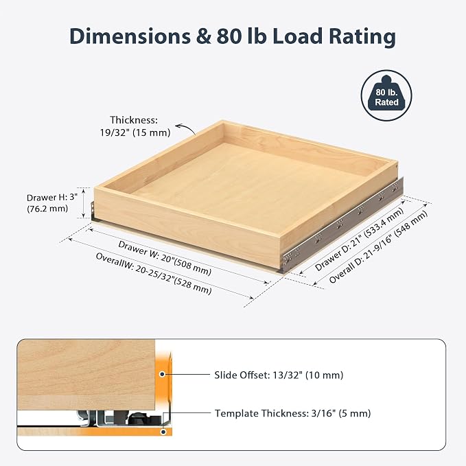 Pull Out Drawers for Kitchen Cabinets 20" W x 21" D Birch Wood | Pull-Out Cabinet Drawer, Slide Out Shelf, Concealed Soft-Close Full-Extension Slides, Bottom & Side Mount, 80 lb Heavy-Duty - Image 2