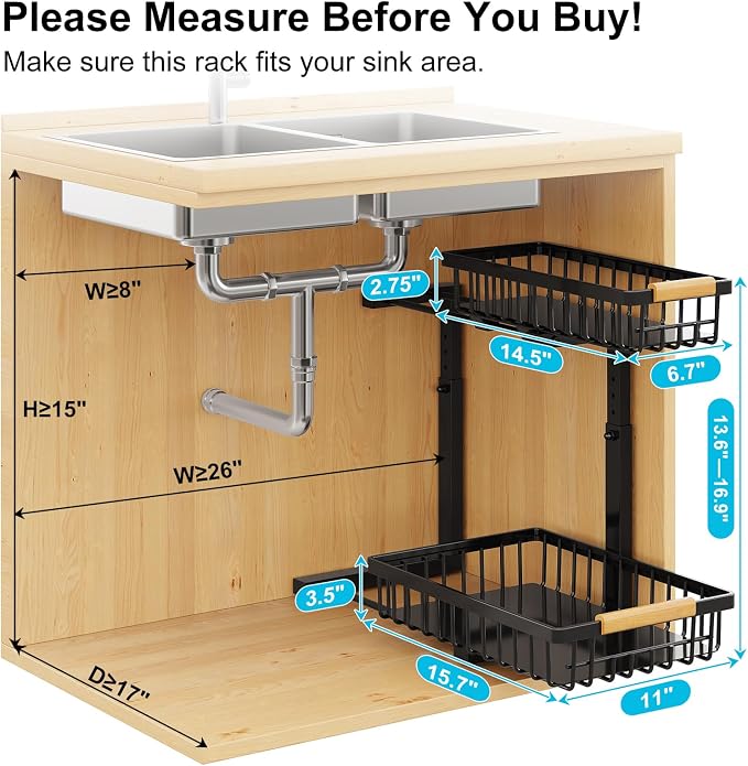 Under Sink Organizer 2 Pack, Adjustable Height 2-Tier Pull Out Cabinet Organizers, Heavy Duty Metal Slide Out Drawers, Under the Sink Organization and Storage Shelf for Kitchen Bathroom Pantry, Black - Image 2