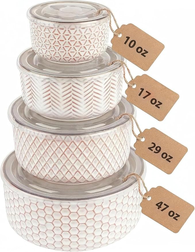 KooK Serving Bowls, with Lids, Ceramic Nesting Bowls, Set of 4, Embossed, Kitchen, Prep, Stackable, Gift, Microwave and Dishwasher Safe, 10/16/29/47 oz, Narbonne Collection (Ivory) by Kook