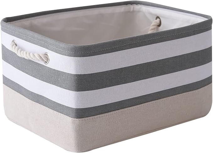 Storage Basket Fabric Basket with Handles Dog Toy Basket Cloth Storage Bin Shelf Basket Decorative Storage Basket Shoe Basket Gift Basket(Grey&White Stripes-1 Pack,15.7L×11.8W×8.3H) by TheWarmHome