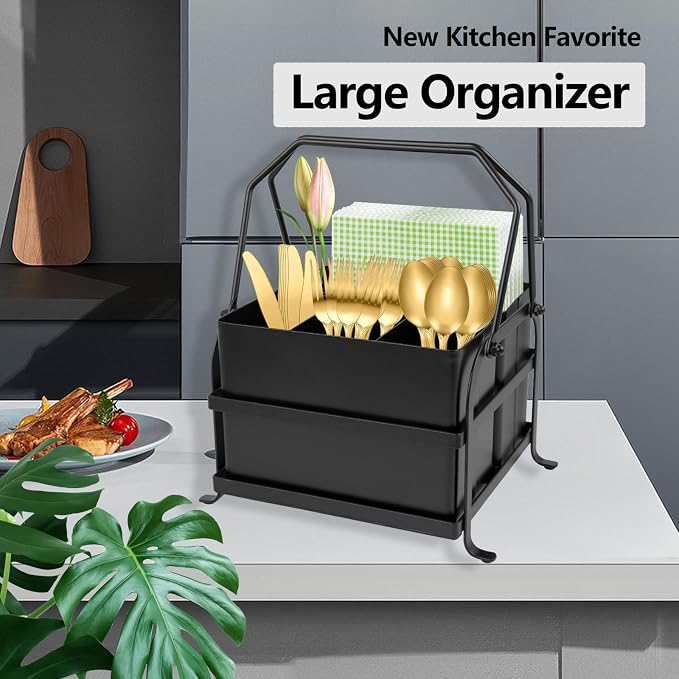 NelyBet Silverware Caddy Utensil Organizer With Handle, Outdoor Picnic and Camping Utensil Holder, Flatware Holder for Party Gatherings, Metal - Black - Image 4