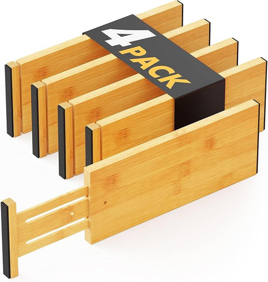 SpaceAid Bamboo 4 Pack Dresser Drawer Dividers, 4.65“ High Adjustable 12.5“-17” Drawer Organizers, Expandable Organization for Clothing, Clothes, Dressers, Natural by SpaceAid