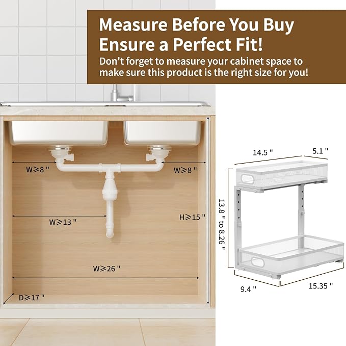 Under Sink Organizer 2 Pack, 2-Tier Slide Out Cabinet Organizer with Metal Sliding Drawer and Hooks, Pull Out Storage Baskets for Kitchen Bathroom Pantry Cabinet Organization (White) - Image 3