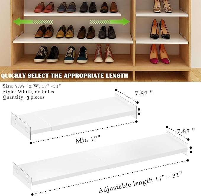 Expandable Closet Organizer Shelves, 3 Pack Adjustable Metal Storage Shelves Dividers for Wardrobe Cupboard Kitchen (White,7.9" D x 17"-31" W,3PCS) - Image 3