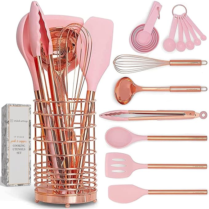 Styled Settings Copper and Pink Kitchen Utensils Set, 17-Piece | Utensils Set with Copper Utensil Holder and Measuring Cups and Spoons for Stylish Cooking and Baking by STYLEDSETTINGS